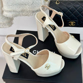 Double C High Heel Sandals Beige Cream Leather